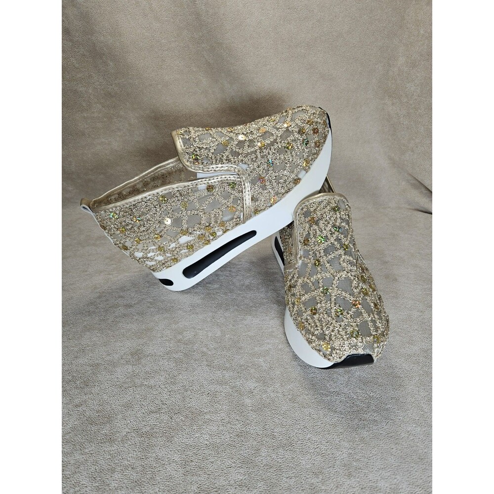 Sequined Mesh Slip-On Metallic Gold Sequins Embroidered Platform Sneakers 8.5